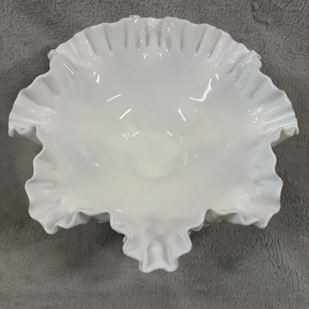 Fenton Style MCM White Hobnail Milk Glass Ruffled Edge Lg Bowl 10.5